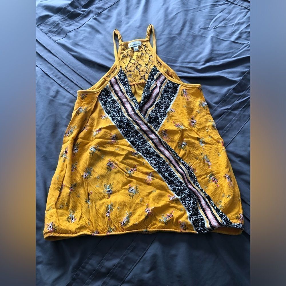 Love Fire adorable Floral and Lace Boho Yellow Tank Top-Adjustable Straps